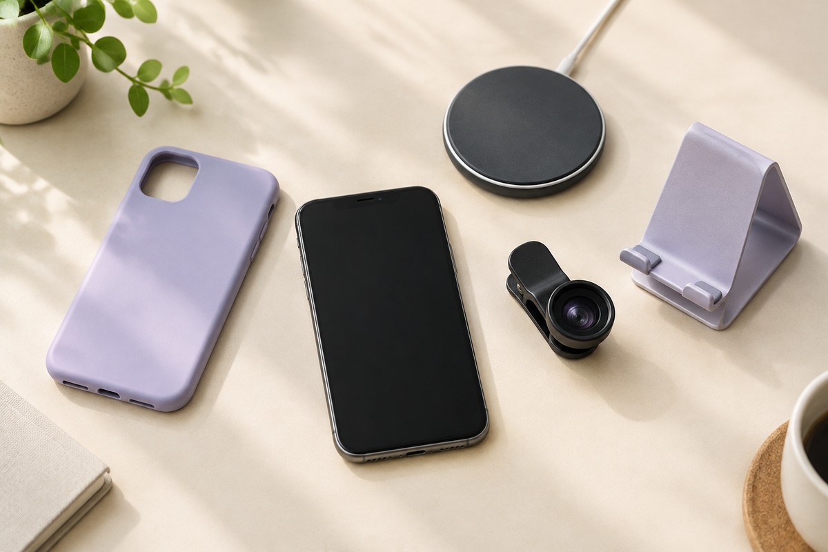 Illustrative arrangement of a smartphone, lavender case, wireless charging pad, clip-on camera lens and phone stand on a cream desk.