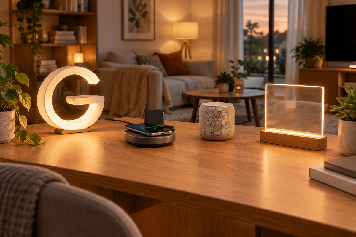 G-shaped lamp, wireless phone charger, speaker, and illuminated acrylic board on a wooden desk in a cozy living room.