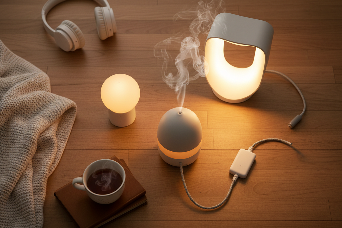 Warm glowing lamps and a misting diffuser on a wooden surface beside headphones, a knitted blanket, and a cup.Warm glowing lamps and a misting diffuser on a wooden surface beside headphones, a knitted blanket, and a cup.