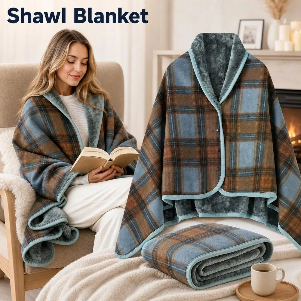 Fleece Wearable Blanket, Plaid Lap Blanket Comfy Poncho Throw with Button Plaid Throw Cushion for Bed Sofa Office by Nova Shop