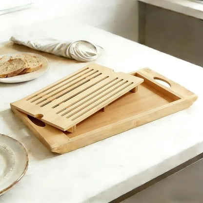 Bamboo Bread Cutting Board with Crumb Tray - Double Layer Wooden Bread Slicer with Handle, Kitchen Countertop Bread Storage Tray by Nova Shop