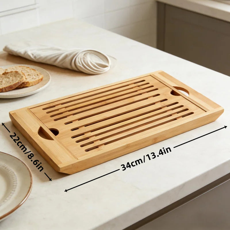Bamboo Bread Cutting Board with Crumb Tray - Double Layer Wooden Bread Slicer with Handle, Kitchen Countertop Bread Storage Tray by Nova Shop