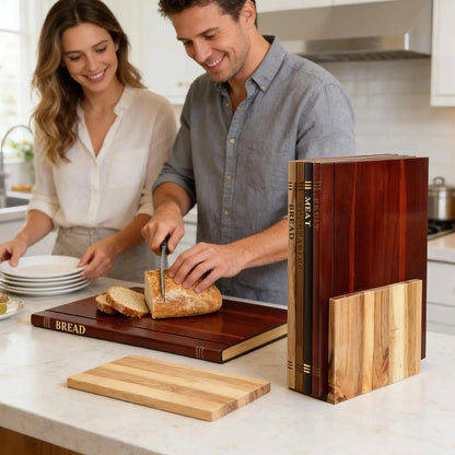 Book Cutting Board Set 4 Piece Wooden Chopping Mat with Stand Wooden Book Cutting Board Set for Charcuterie Kitchen Home by Nova Shop