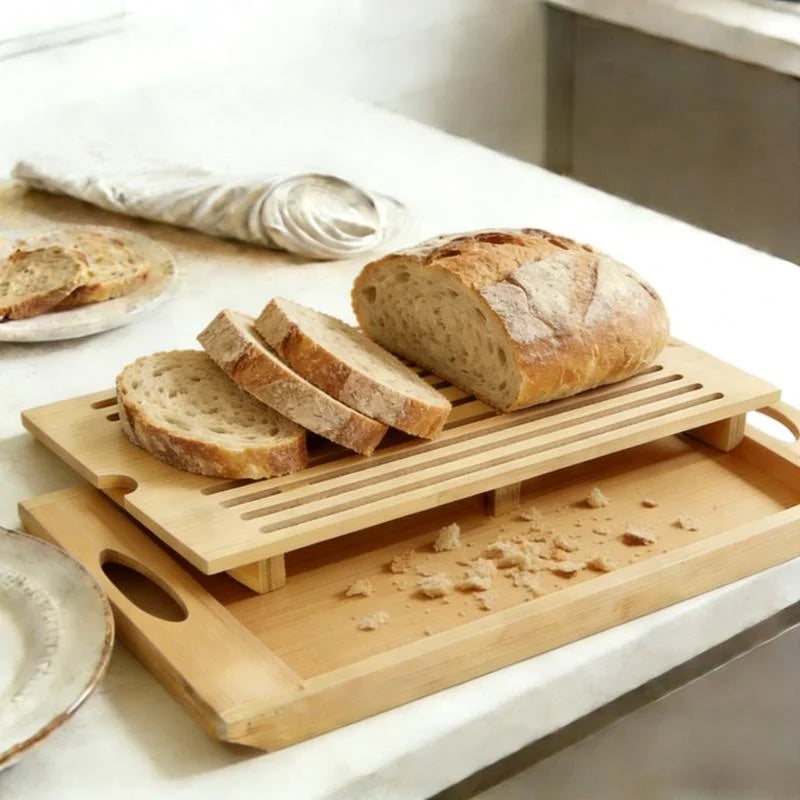 Bamboo Bread Cutting Board with Crumb Tray - Double Layer Wooden Bread Slicer with Handle, Kitchen Countertop Bread Storage Tray by Nova Shop