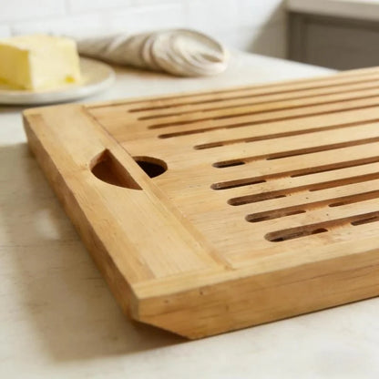 Bamboo Bread Cutting Board with Crumb Tray - Double Layer Wooden Bread Slicer with Handle, Kitchen Countertop Bread Storage Tray by Nova Shop