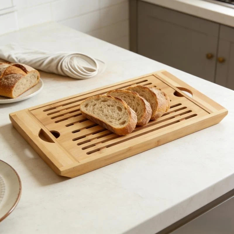 Bamboo Bread Cutting Board with Crumb Tray - Double Layer Wooden Bread Slicer with Handle, Kitchen Countertop Bread Storage Tray by Nova Shop
